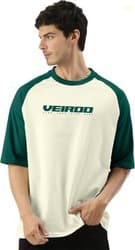 Veirdo Oversized Men Printed, Typography Round Neck Pure Cotton Beige,