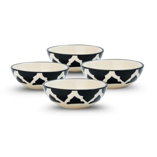 KitchEase Moroccan Print Black Ceramic Chutney & Dip Bowl Set of 4, Microwave & Dishwasher Safe, Multipurpose for Serving & Dipping Sushi, Sauce, Soy, BBQ, Snacks for Daily Use & Gifting.(75ml Each)