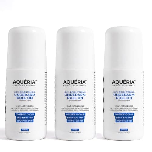 Aqueria Underarm Brightening Roll-On for Men & Women | Lactic Acid, Fermented Rice Water & Glycerine | Helps Reduce Dark Underarms, Pigmentation & Uneven Skin Tone | Controls Body Odour | Fresh Fragrance | Pack of 3 (150ml)