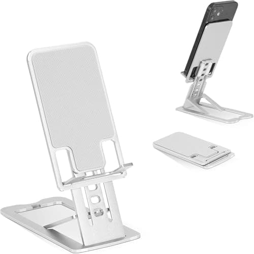 Elfora Aluminum Ultra-Thin Alloy Mobile Phone Tabletop Stand | Multiple View Angles and Height Adjustments | Foldable Mobile Holder Compatible for iPhone, Android & Other Mobile Phones (Silver)