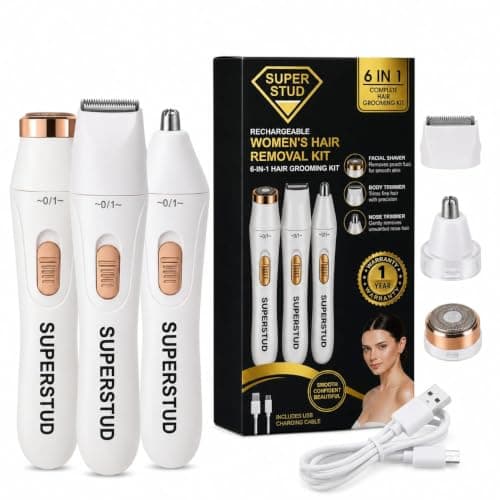 SUPERSTUD 6-in-1 Women Trimmer | Face Hair Remover for Women | Bikini & Eyebrow Trimmer | Rechargeable Hair Removal Machine for Underarms, Nose, Arms, Legs & Intimate Areas | 120 Min Runtime | White