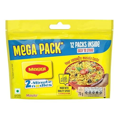 MAGGI 2-Minute Instant Noodles, Favourite Masala Taste, Masala Noodles With Goodness Of Iron, Made With Choicest Quality Spices, 840/900g Pouch (Pack of 12, 70/75g each) (weight may vary)