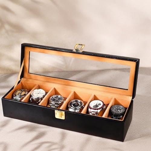 Birch & Co. Watch Box Organizer – 6 Slot Display Case with Glass Lid, PU Leather, Soft Velvet Interior – Elegant Storage for Men’s & Women’s Watches, Jewelry & Accessories – Gift-Ready Case, Black